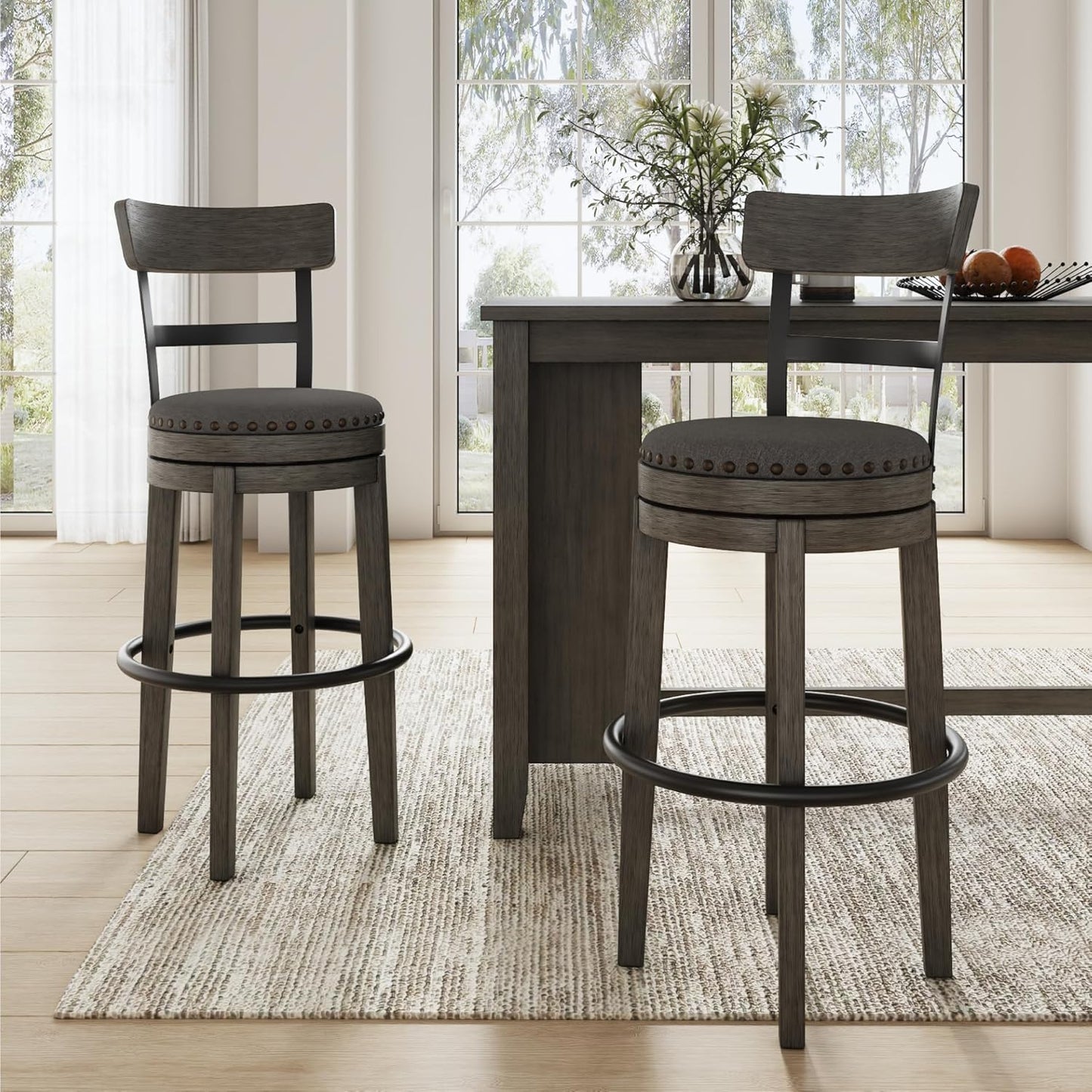 Signature Design by Ashley Caitbrook 30" Farmhouse Bar Height Upholstered Swivel Barstool, Gray