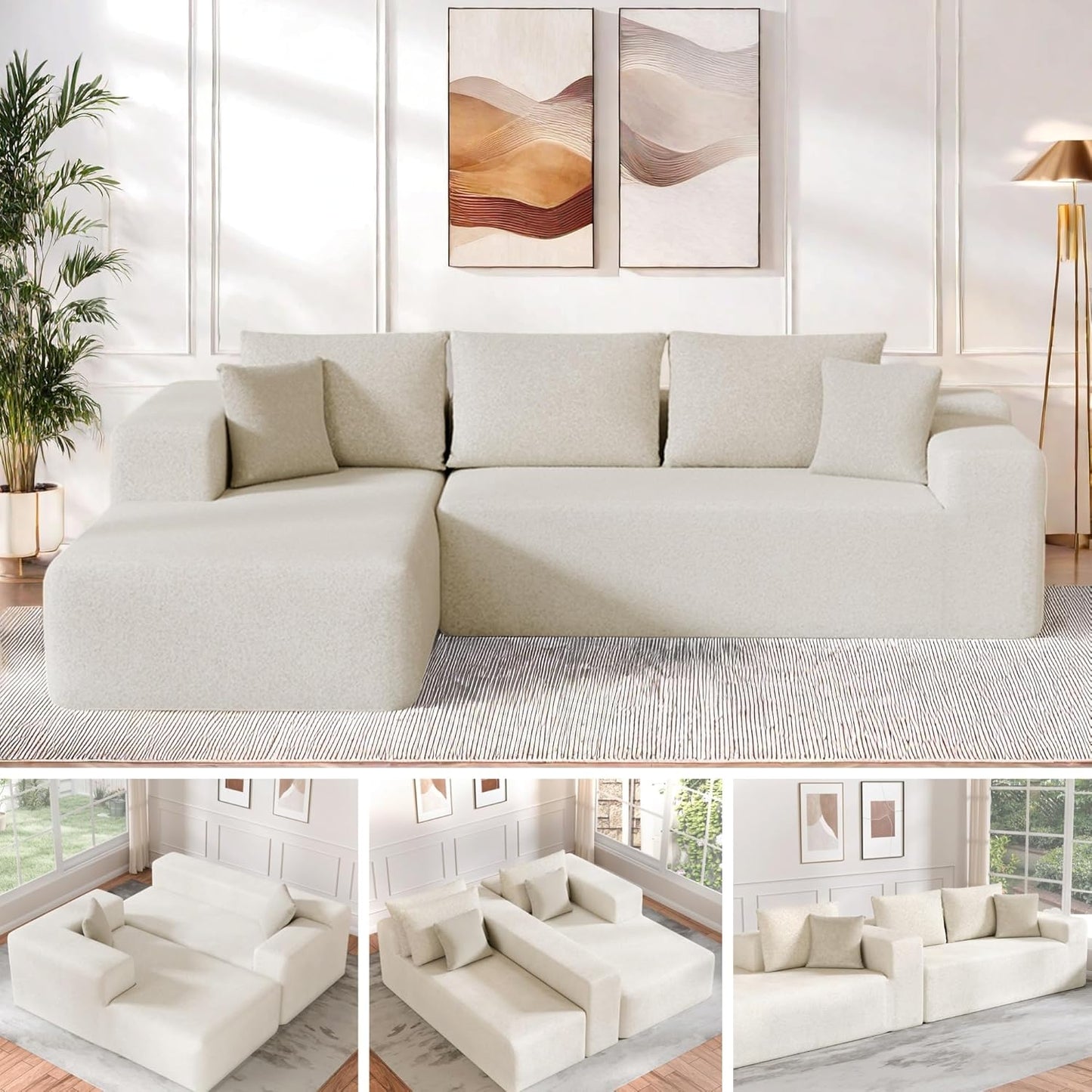 Cloud Sectional Couch, 104”L-Shape Oversized Sofa with Right Chaise Lounge, Modular Sleeper Couch with Pillows & Deep Seat, Rain Drop Velvet Fabric Compressed Sofa for Living Room, Beige