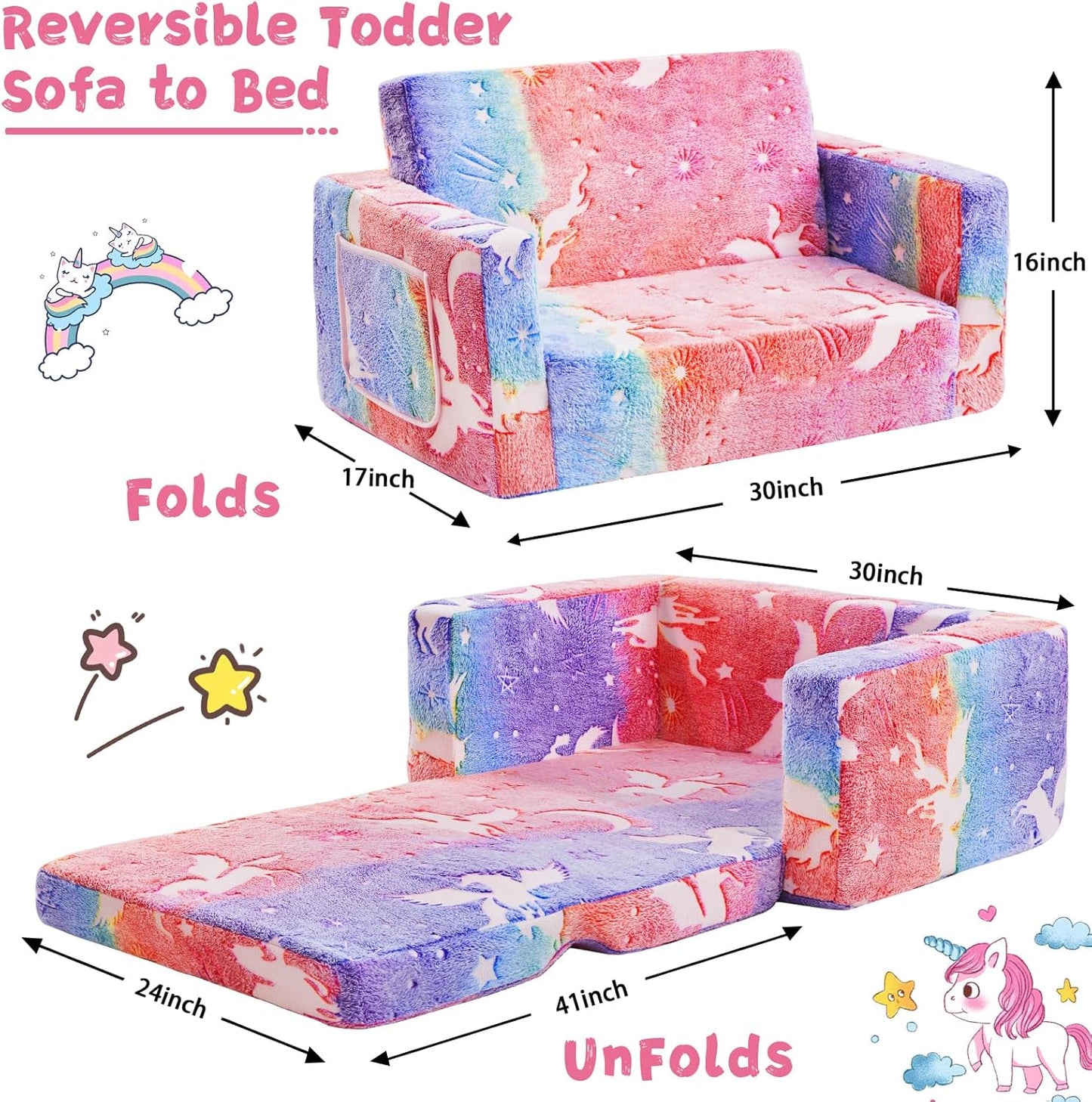 Toddler Chair Comfy,2-in-1 Soft Toddler Couch Fold Out for Kids,Convertible Sofa to Lounger,Gift for Girls and Boys Birthday,Elf,Large