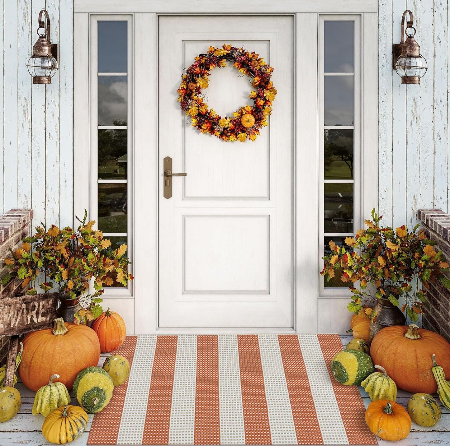 OJIA Fall Front Door Mat 24"x36" Cotton Woven Washable Striped Porch Rug Indoor Halloween Doormat Small Outdoor Rugs Farmhouse Entry Rug Kitchen Throw Rugs for Layered Door Mats (Orange/White/Tan)