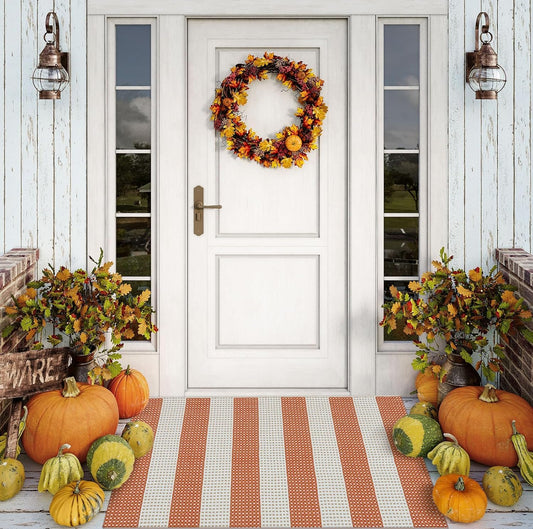 OJIA Fall Front Door Mat 24"x36" Cotton Woven Washable Striped Porch Rug Indoor Halloween Doormat Small Outdoor Rugs Farmhouse Entry Rug Kitchen Throw Rugs for Layered Door Mats (Orange/White/Tan)