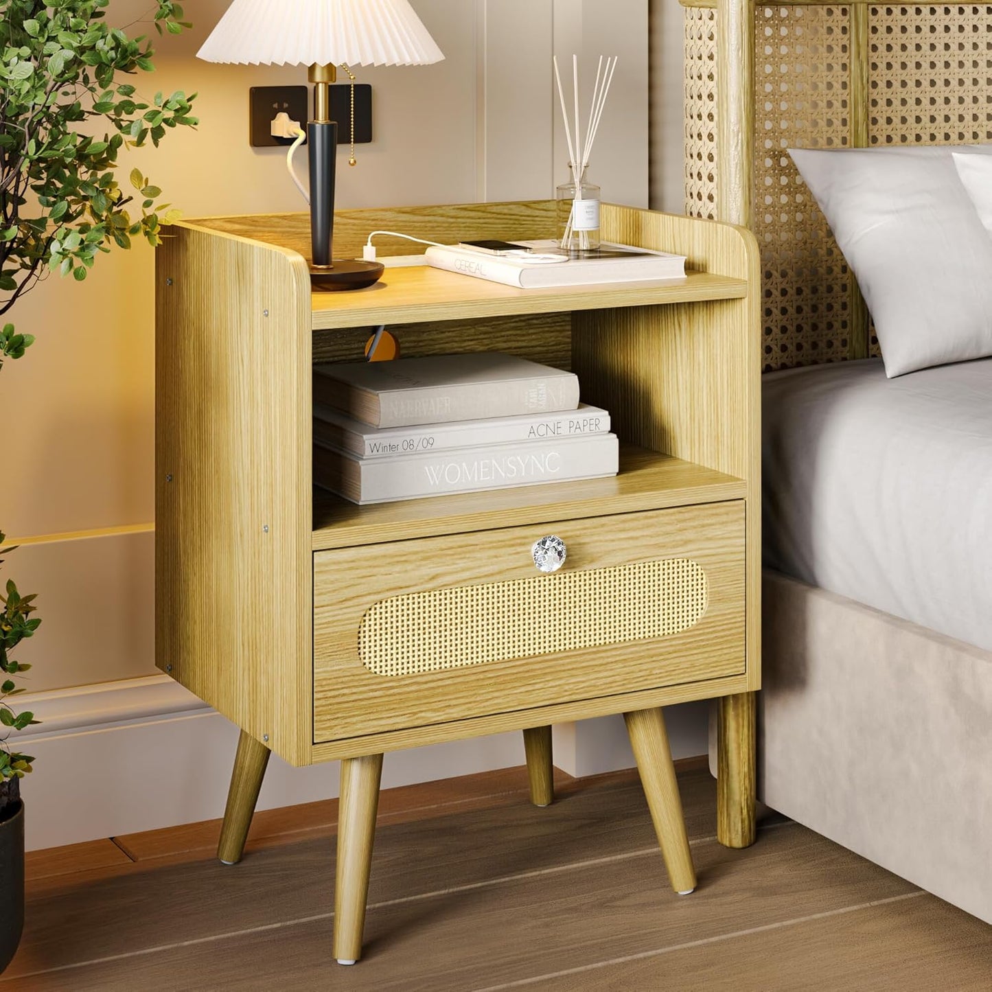End Table with Charging Station, Nightstand with Diamond Handle and Rattan-Style Drawer, Bedside Table, Light Oak