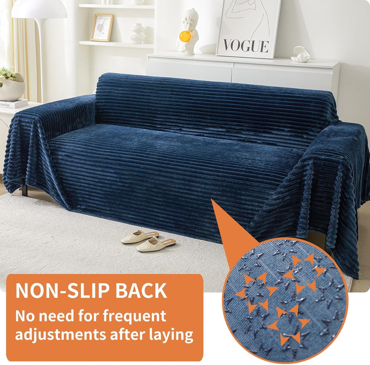 HAOMAIJIA Faux Fur Sofa Covers Couch Covers for 3 Cushion Couch Sofa Pet Friendly Soft Non Slip Couch Cover for Dogs Washable Sectional Couch Covers L Shape Furniture Protector (Navy Blue, 91"x134")