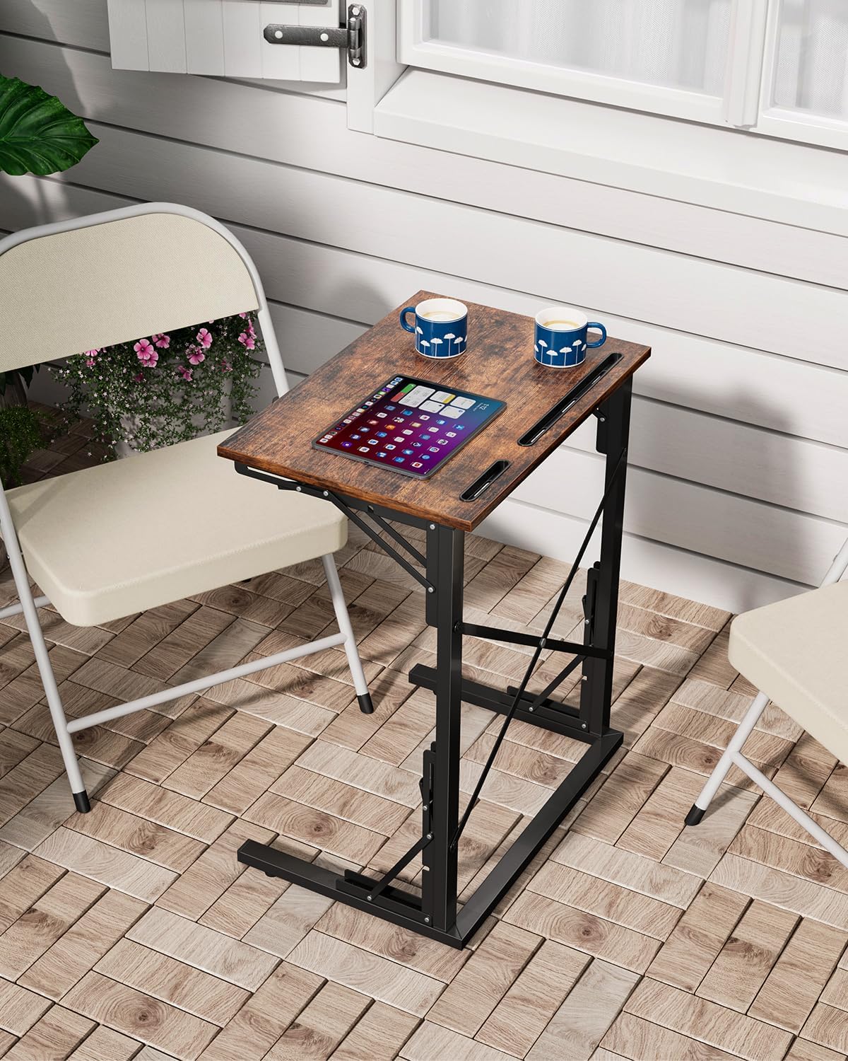 21''Wx28''H Folding TV Tray Set of 2, Small Foldable C-Shaped Tray Table for Eating with Tablet and Phone Slots, Slide Under Couch Side Table for Recliner, Living Room, Bedroom, Rustic Brown