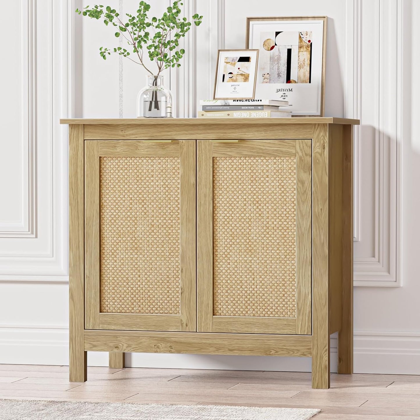 Giluta Sideboard Buffet Cabinet, Farmhouse Kitchen Cabinets with 2 Rattan Doors, 30''H Boho Cabinet for Entryway