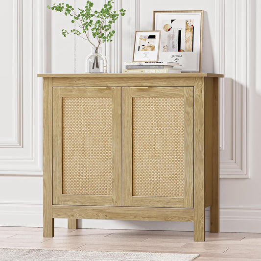 Giluta Sideboard Buffet Cabinet, Farmhouse Kitchen Cabinets with 2 Rattan Doors, 30''H Boho Cabinet for Entryway