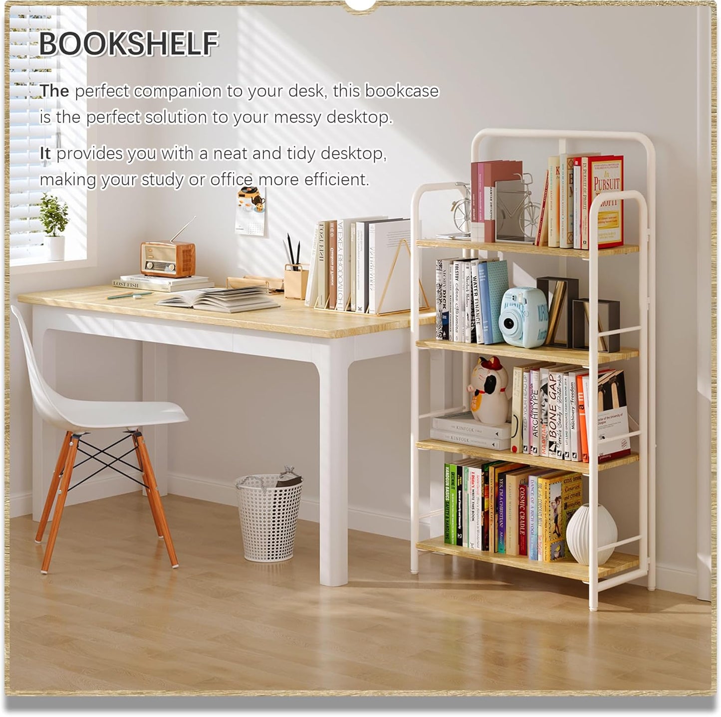 4NM No Assembly Folding Bookshelf 4 Tiers Vintage Industrial White Book Shelf Metal Foldable Storage Bookcase and Bookshelves for Living Room,Bedroom and Kitchen - Natural