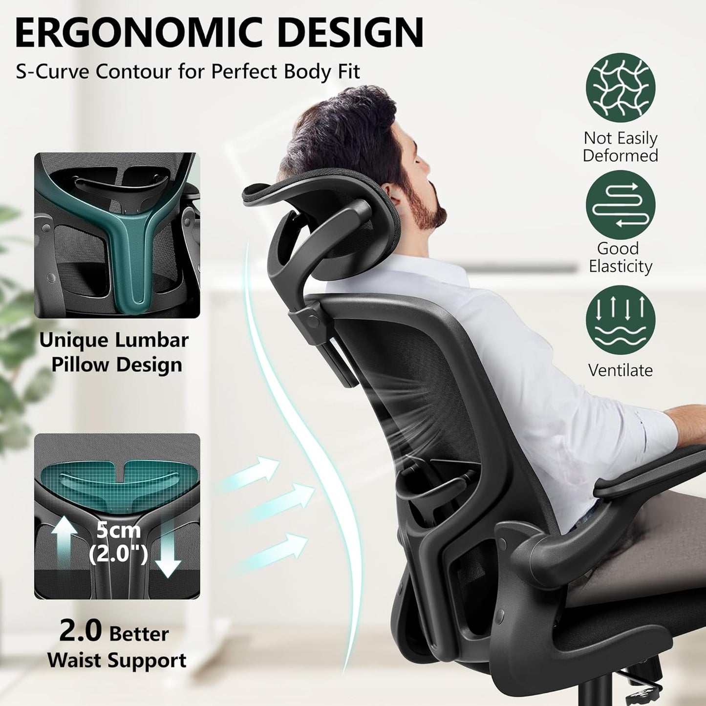 FelixKing Office Chair Ergonomic Desk Chair with Headrest, High Back Computer with Adjustable Lumbar Support and Wheels,Executive Swivel Comfy with flip-up Armrests for Home Office