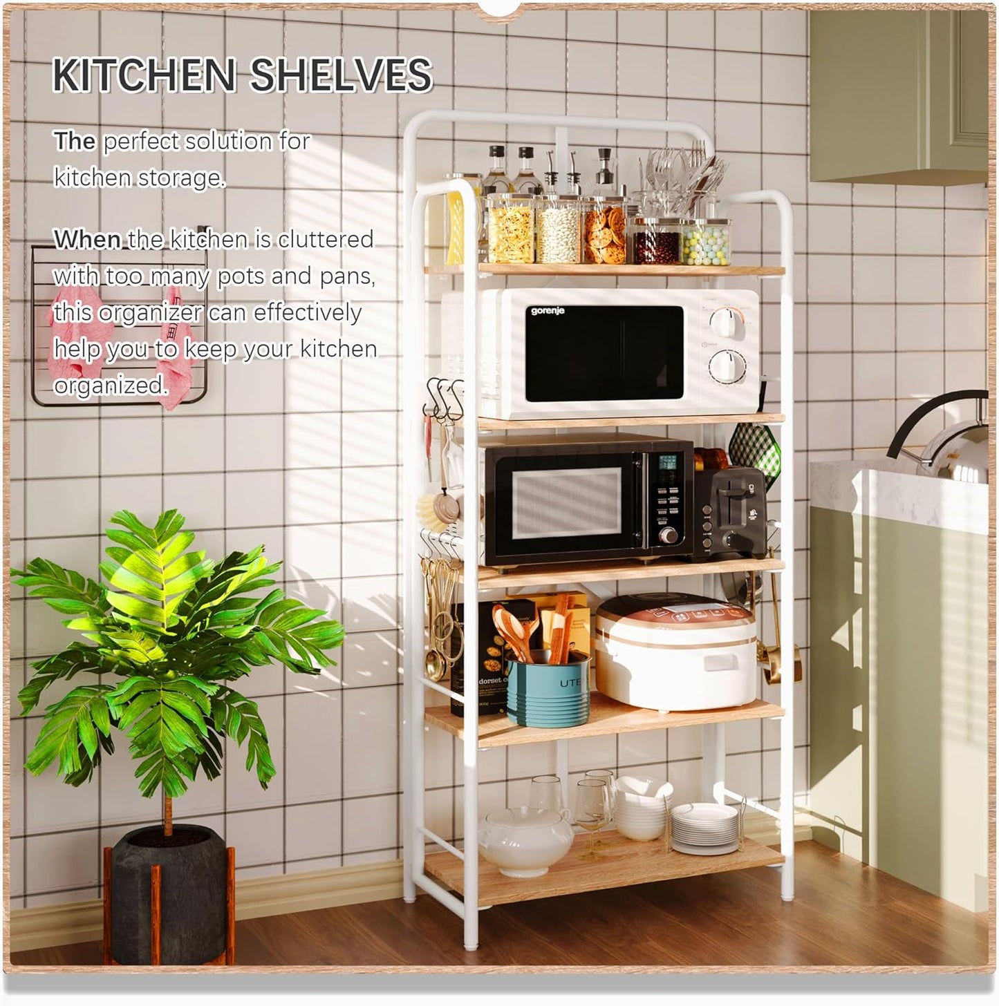 4NM No Assembly Folding Bookshelf 5 Tiers Vintage Industrial White Book Shelf Metal Foldable Storage Bookcase and Bookshelves for Living Room,Bedroom and Kitchen - Natural