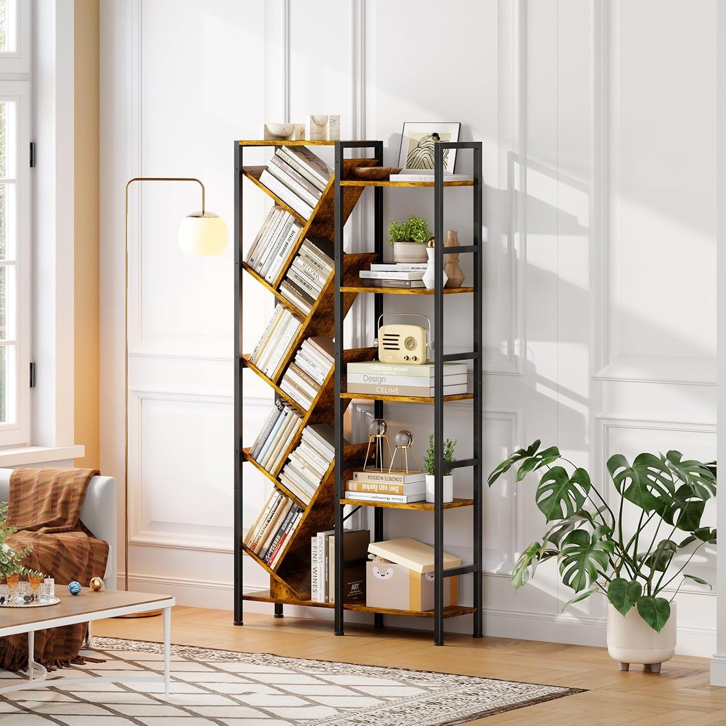 5-Tier Double Wide Bookshelf 67" , Industrial Tree BookShelves, Vintage Storage Rack with 14 Open Shelves, Large Bookcase, Wooden and Metal Bookshelves, Wide Display Rack for Home Office Decorative