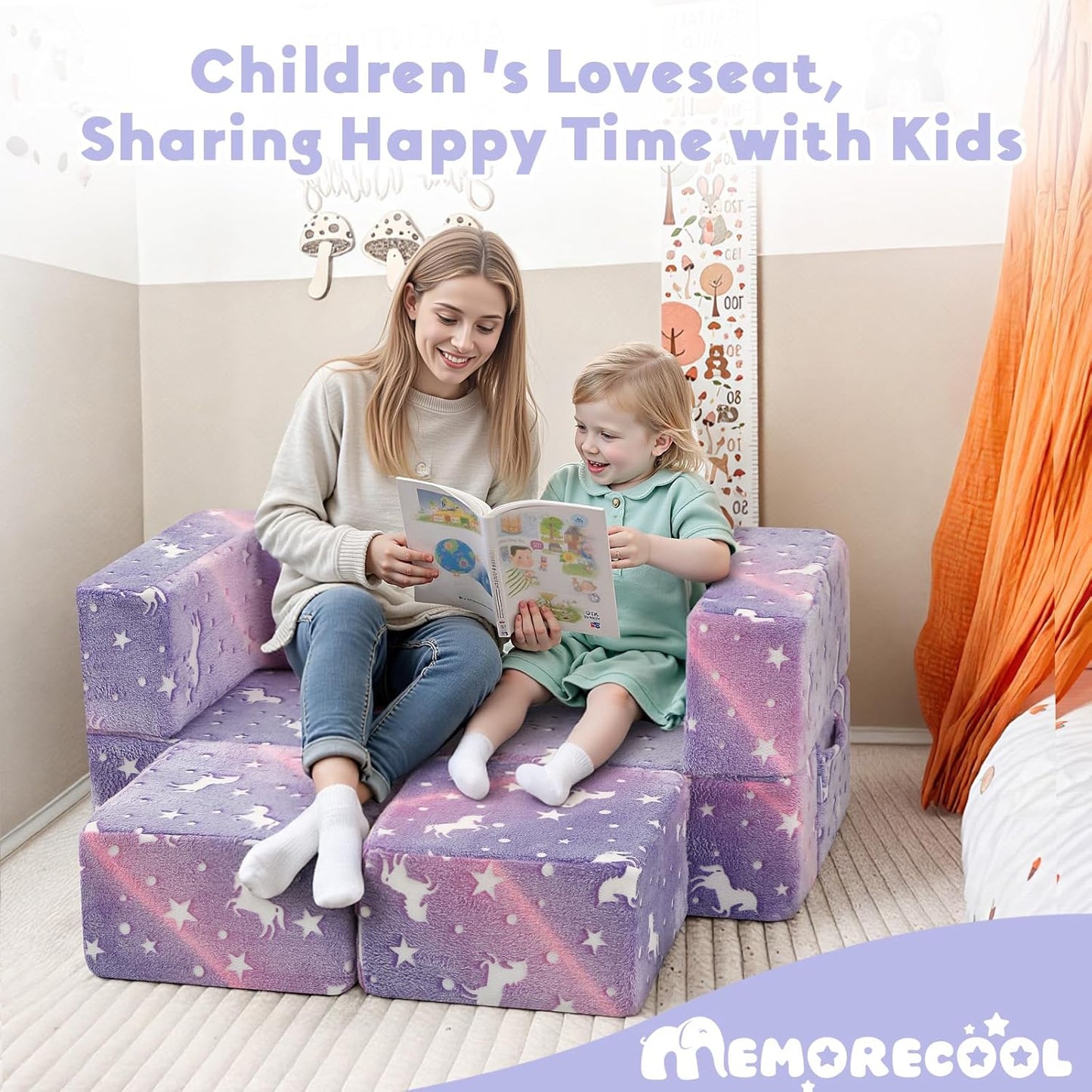 MeMoreCool Unicorn Modular Kids Couch, Glow Rainbow Play Toddler Couch for Bedroom, Convertible Foam Kids Sofa Bed, Fold Out Baby Sofa for Girl Boy, Purple