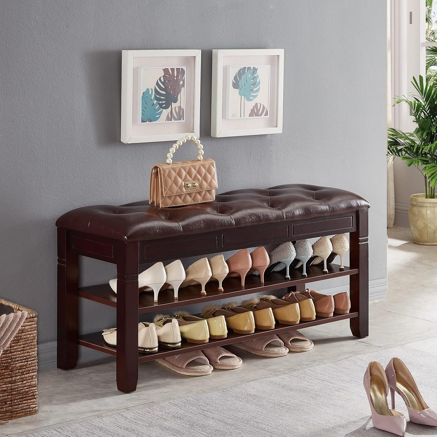 Shoe Storage Bench, Entryway Shoe Rack with Fiberleather Seat 2-Tier Lift Top Organizer Wooden Shoe Bench for Entryway Hallway Living Room (Dark Brown 39.4x13.8x18.9'')