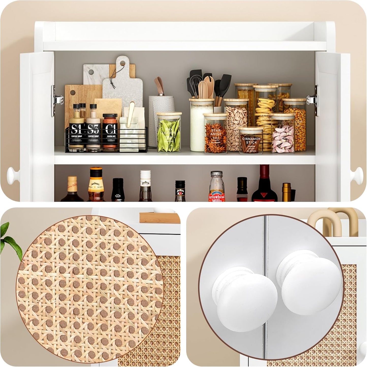 Buffet Cabinet, Rattan Storage Cabinet with Round Pull Rings, Sideboard with Ample Storage, Bar Liquor Shelf with 2 Doors for Living Room, Hallway, White