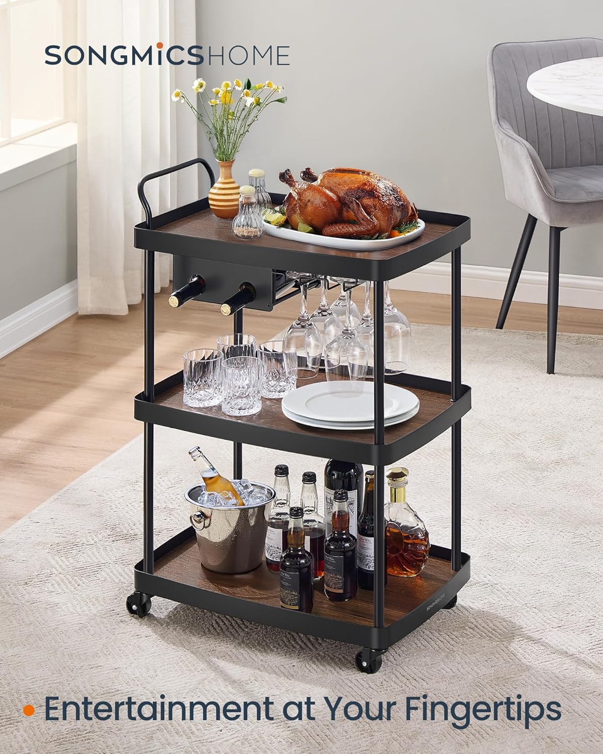 SONGMICS HOME Bar Cart, Home Bar Serving Cart with 3-Tier Shelf, Flexible Wine Bottle Rack and Glass Holder, Drink Beverage Cart, Microwave Cart, Kitchen, Natural Walnut and Ink Black ULRC291B01