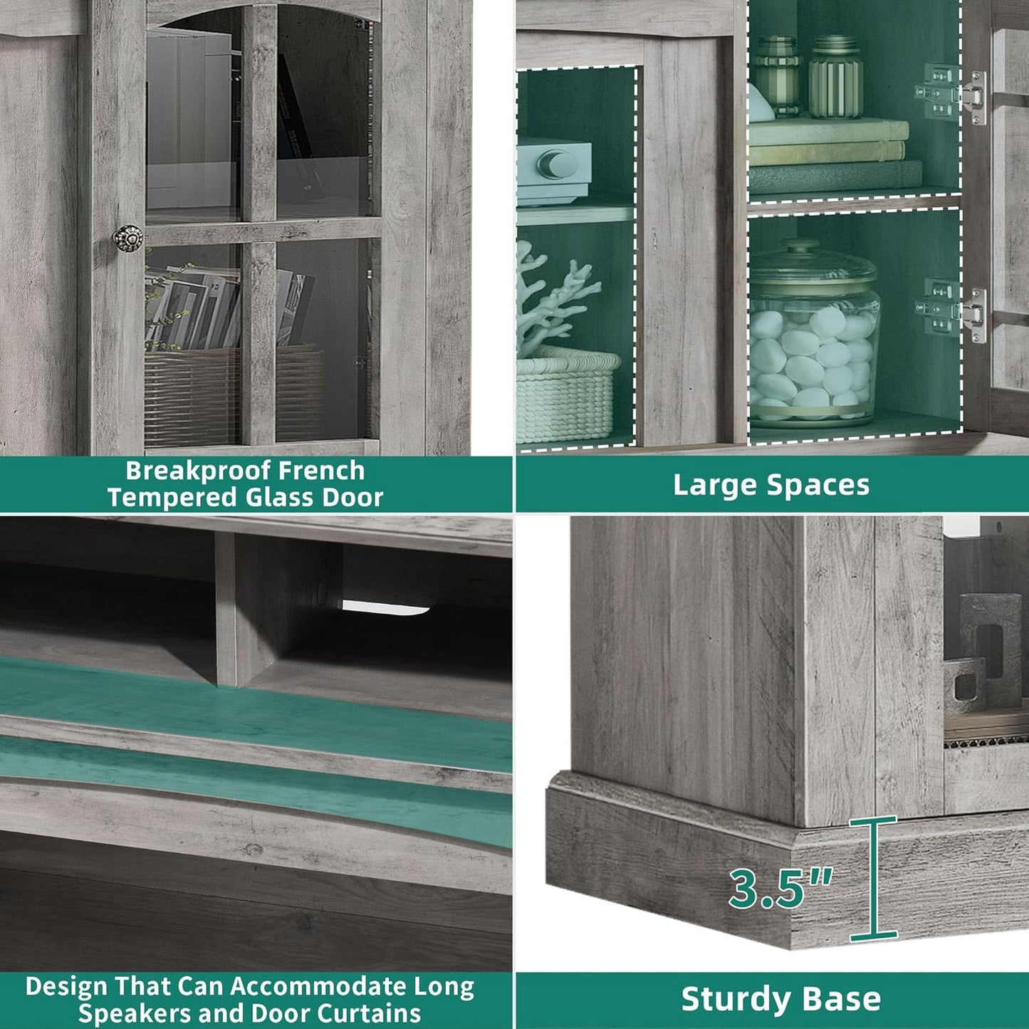 YITAHOME LED Farmhouse TV Stand for 75 Inch w/Outlets, Modern Entertainment Center with Glass Doors and Adjustable Storage Shelves, Media Console TV Cabinet for for Living Room, Grey