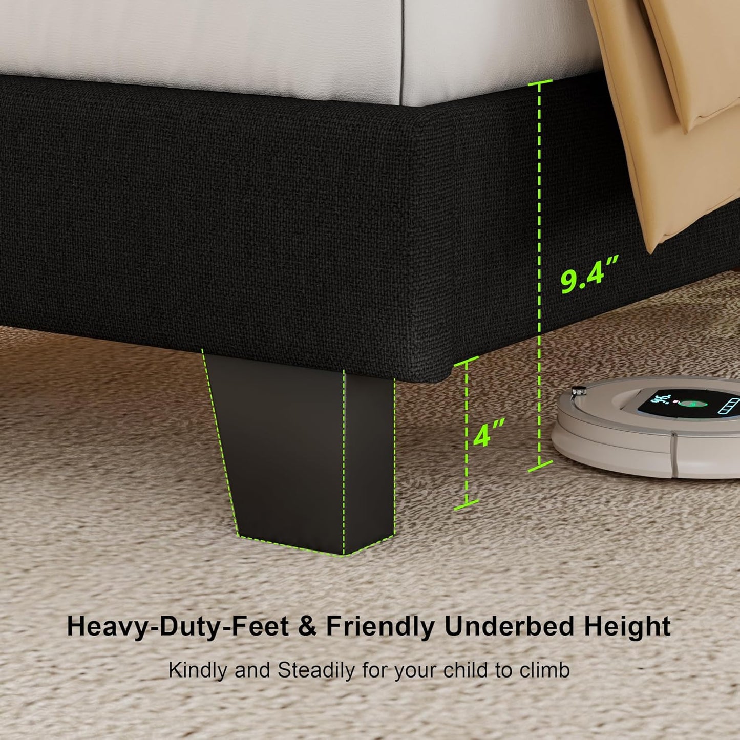 Feonase Twin Platform Bed Frame with Button Tufted Headboard, Upholstered Linen Bed with Wooden Slats Support, No Box Spring Needed, Noise-Free, Easy Assembly, Black