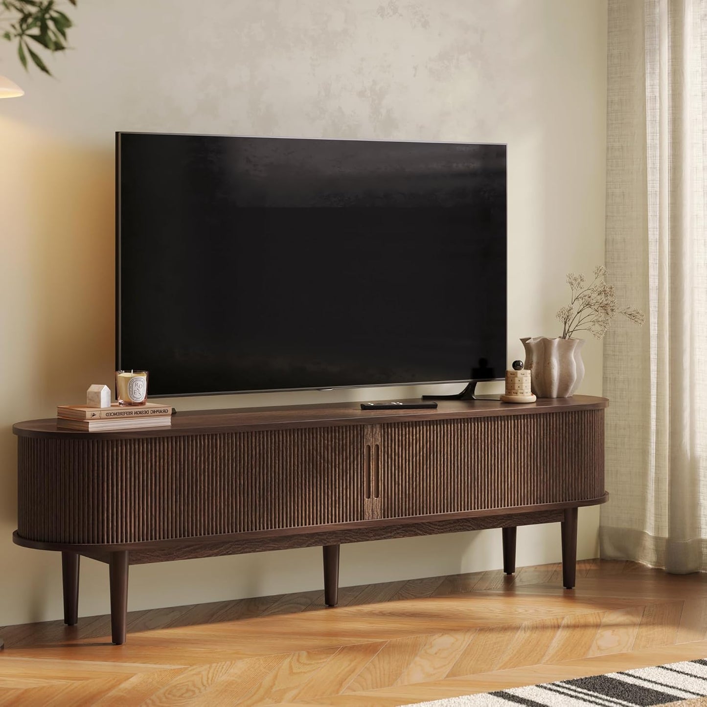 LINSY 70" Fluted TV Stand, Modern Entertainment Center for TVs Up to 80 inches, TV Console with Sliding Doors, Curved Profile Design, Media Console for Living Room, Walnut