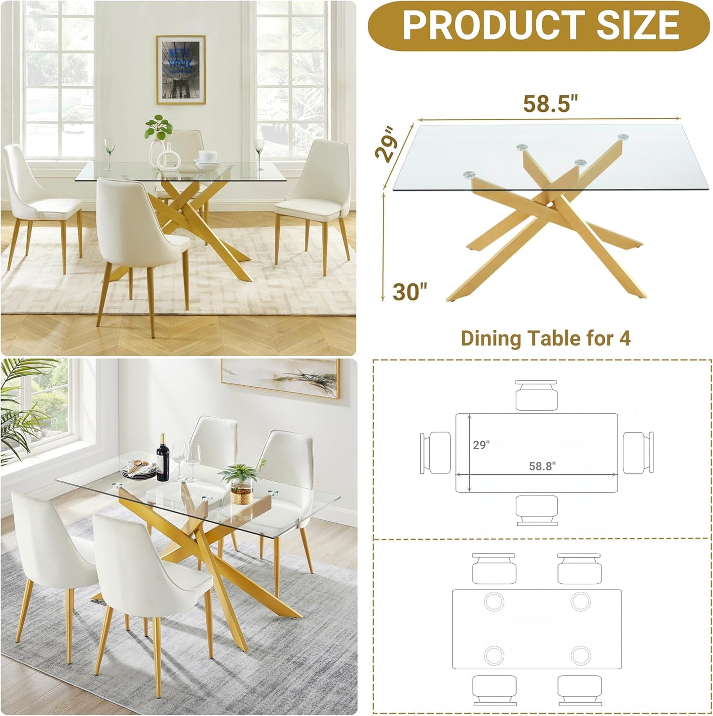 Edwin's Choice 58.5” Rectangle Glass Dining Table, Tempered Glass Table Top and Metal Tubular Legs, Modern Style Table for Home, Kitchen, Dining Room 58.5”Lx29”Wx30”H, Gold