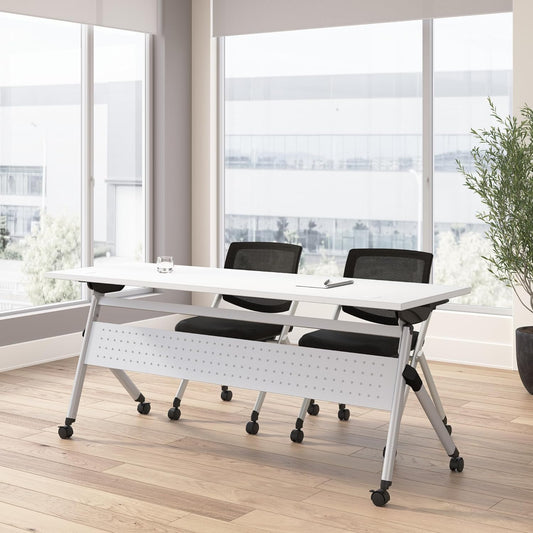 Bush Business Furniture Folding Training Table Set for 2, 72 inch, 2 Mesh Back Folding Chairs, Commercial-Grade Bundle for Office or Classroom, Envision Collection, White