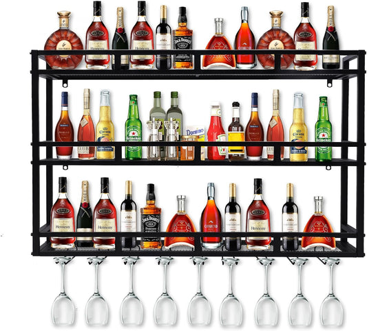 Metal Wine Rack Wall Mounted, Bar Shelves for Liquor Bottles with LED Light, 3 Tier Large Capacity Liquor Rack Wall Mounted with Glass Holder for Home Bar & Dining Room （Black, 31in/80cm）