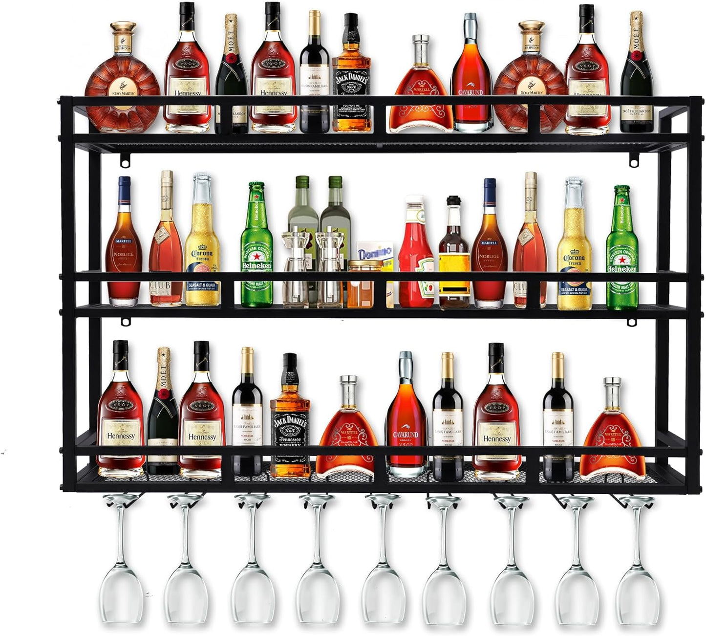 39 Inch Metal Wine Rack Wall Mounted, Bar Shelves for Liquor Bottles with LED Light, 3 Tier Large Capacity Liquor Rack Wall Mounted with Glass Holder for Home Bar & Dining Room, Black