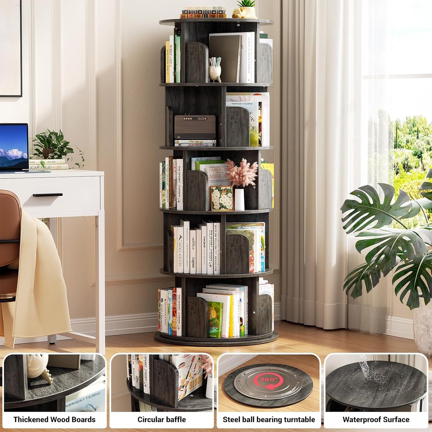 Aheaplus Rotating Bookshelf, 360 Display Wood Spinning Bookshelf Tower, 5 Tier Floor Standing Bookcase Storage Rack, Revolving Bookcase Corner Bookshelf for Small Space, Bedroom, Study Room,Black Oak