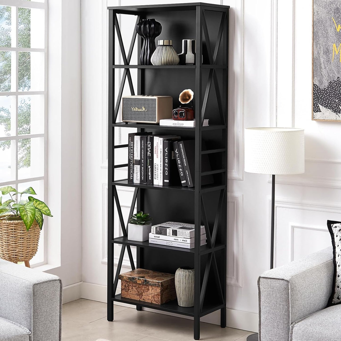 HOMISSUE Tall Bookshelf, 6-Tier Book Shelf, Rustic Wood Metal Bookshelves and Bookcases, Freestanding and Industrial Open Bookcase for Home Office, Living Room and Bedroom, Black