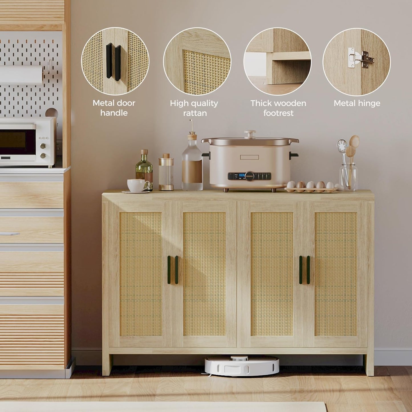 Rattan Buffet Cabinet with Storage, Sideboard with Doors, TV Stand, Farmhouse Side Board Coffee Bar, Modern Wood Storage Cabinets for Livingroom, Kitchen and Dining Room (Oak)