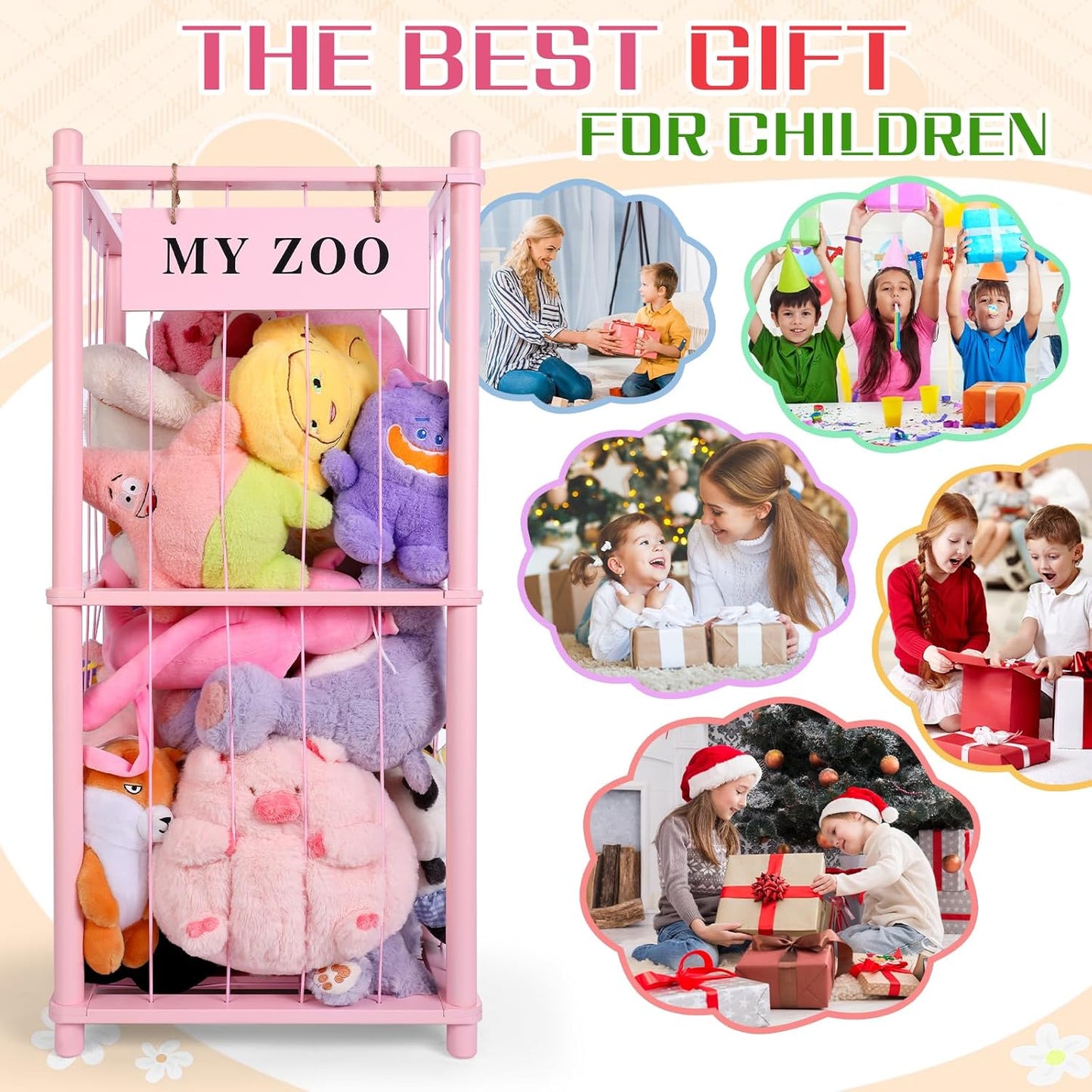 Stuffed Animal Storage Zoo, Wooden Stuffed Animal Organizer with Elastic Cords for Boys Girls, Space Saving Toy Plushies Storage Holder for Playroom, Bedroom, Living Room (Pink, Small)