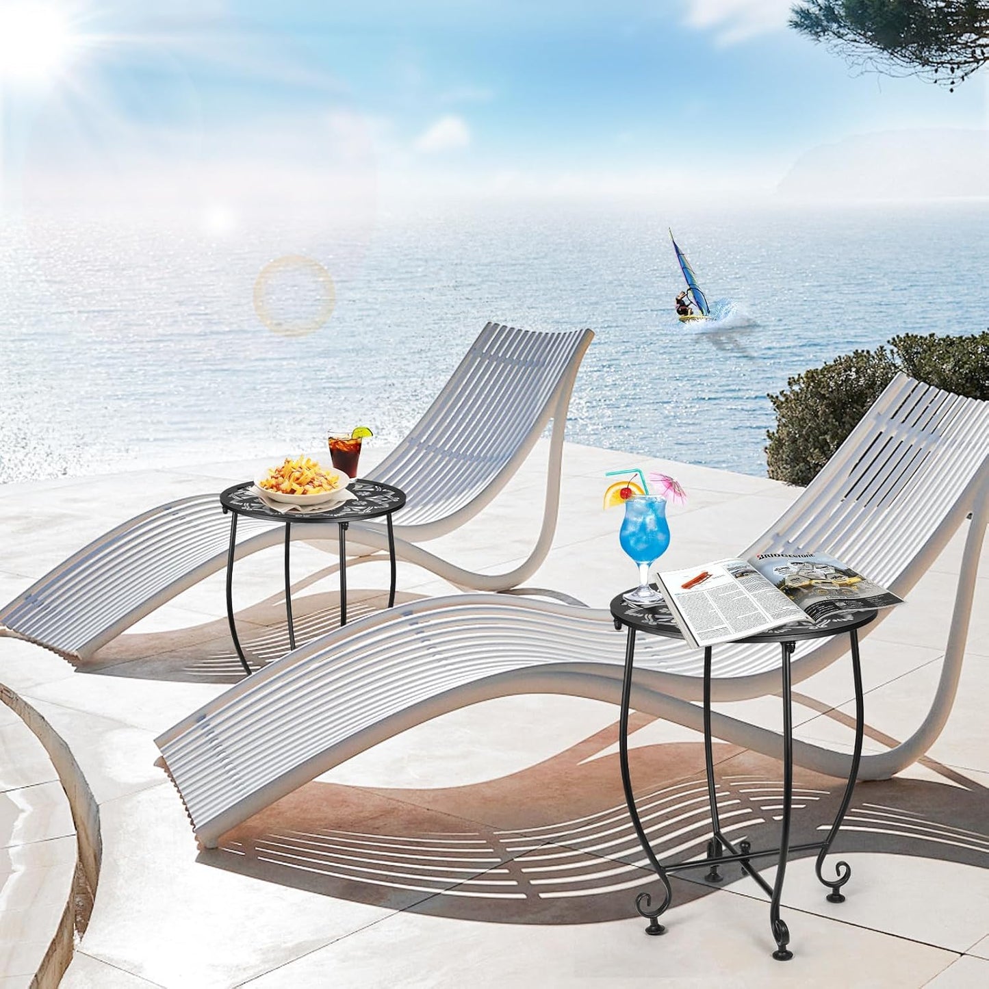 2 Pack Outdoor Side Tables for Patio, Weather Resistant Steel Patio Side Table, Small Round Outdoor End Table Metal Side Table for Patio Yard Balcony Garden Black (Flowers)