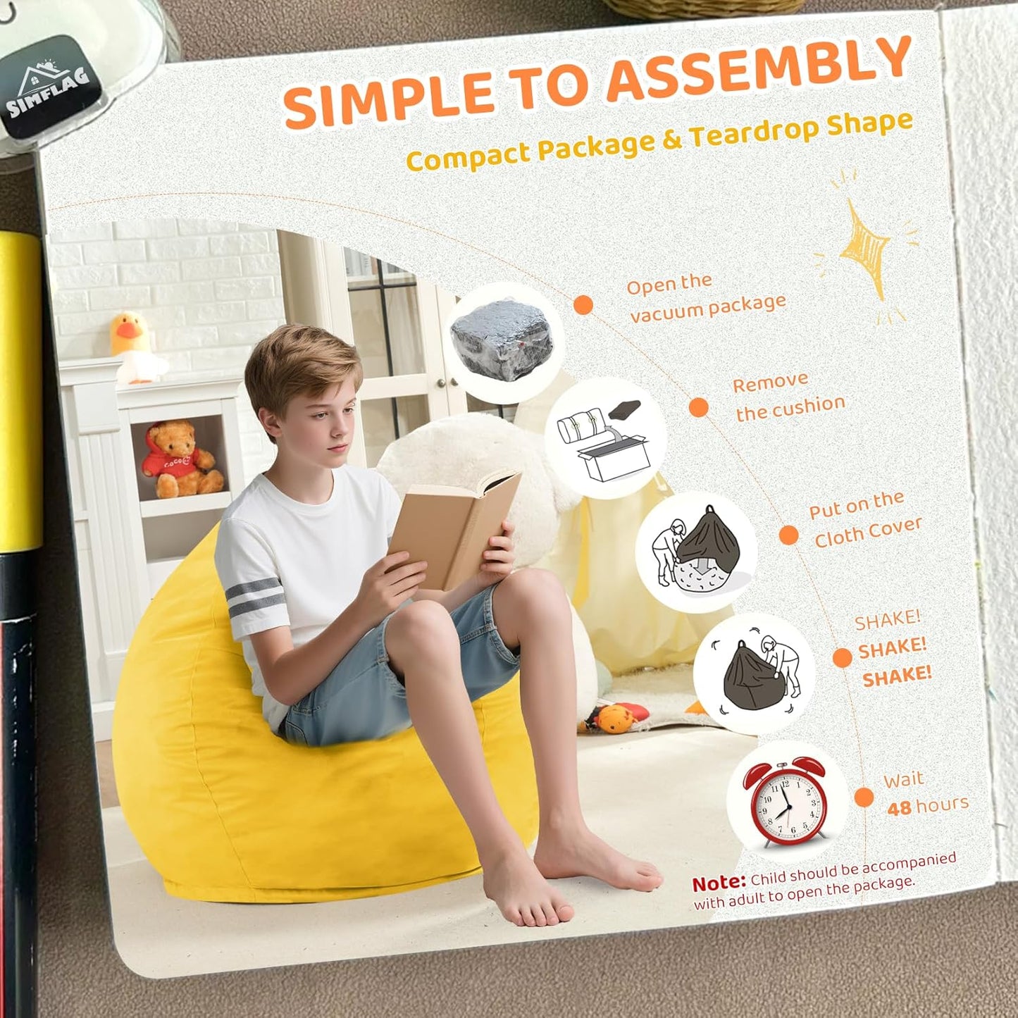 2FT Bean Bag Chair, Comfy Bean Bag Chairs with Memory Foam Filled, Fluffy Beanbag Sofa with Dutch Velvet Cover, Teardrop BeanBag Chairs for Living Room, Playroom - Lemon