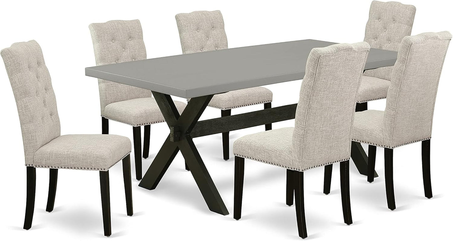 East West Furniture X697EL635-7 7 Piece Dining Room Furniture Set Consist of a Rectangle Dining Table with X-Legs and 6 Doeskin Linen Fabric Upholstered Chairs, 40x72 Inch, Multi-Color