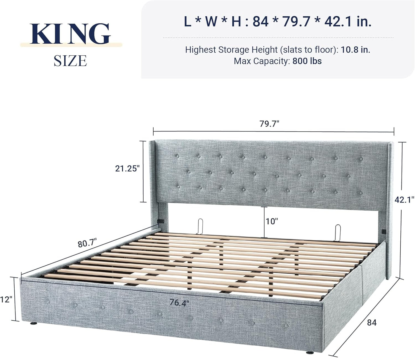 Allewie King Size Lift Up Storage Bed, Button Tufted Headboard with Wingback, Hydraulic Support, No Box Spring Needed, Grey Blue