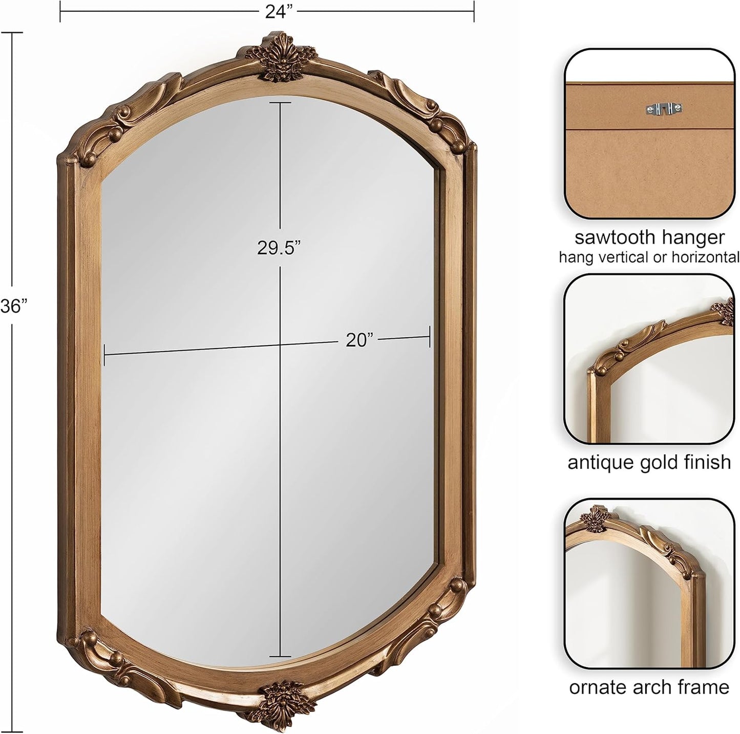 Kate and Laurel Berkshire Vintage Arched Wall Mirror, 24 x 36, Gold, Antique Ornate Arch Capsule Mirror with Detailed Frame Accenting and Classic Finish