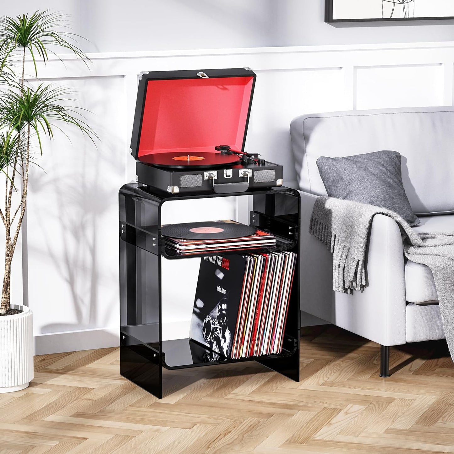 Acrylic Record Player Table with Storage Shelf, Clear Side Table Nightstand (Black)