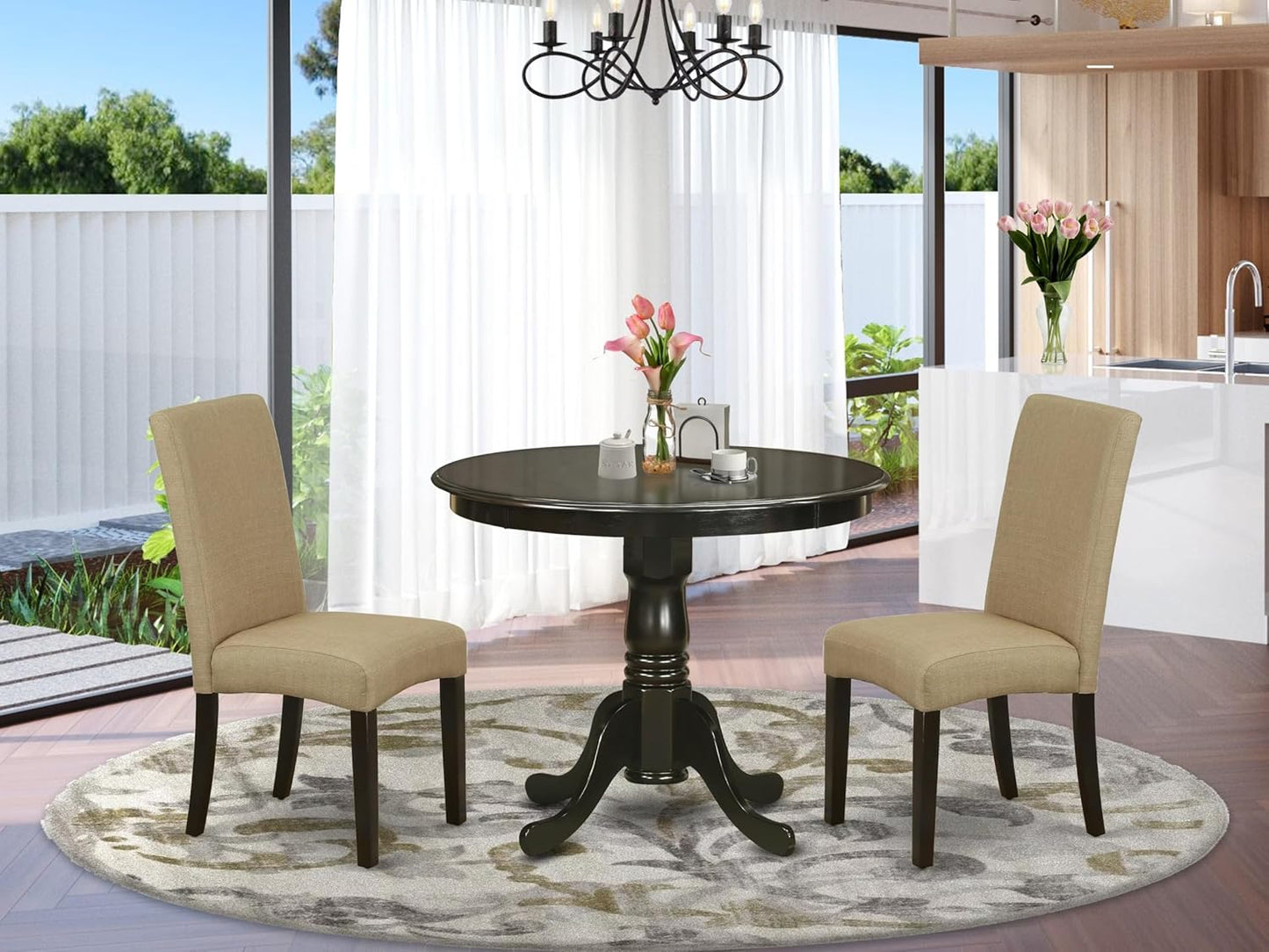 East West Furniture ANDR3-CAP-03 3 Piece Dining Room Table Set Contains a Round Kitchen Table with Pedestal and 2 Brown Linen Fabric Parsons Dining Chairs, 36x36 Inch, Cappuccino