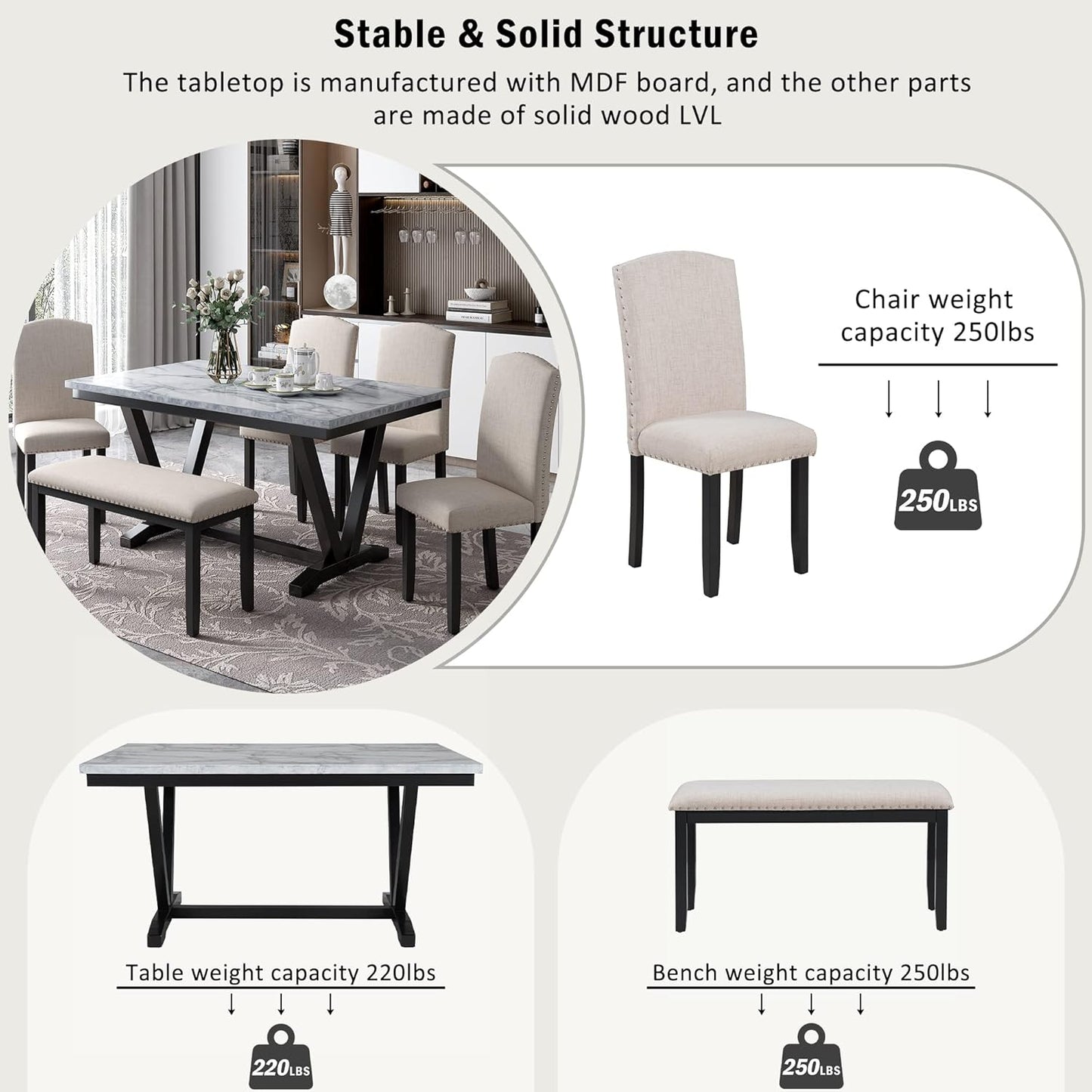 Ball & Cast 6 Piece Dining Table Set with 4 Chairs & 1 Bench,Living Room Furniture W/ 60" Rectangle Marbled Veneers Tabletop Kitchen Desk,for Restaurant,Home Bistro,White