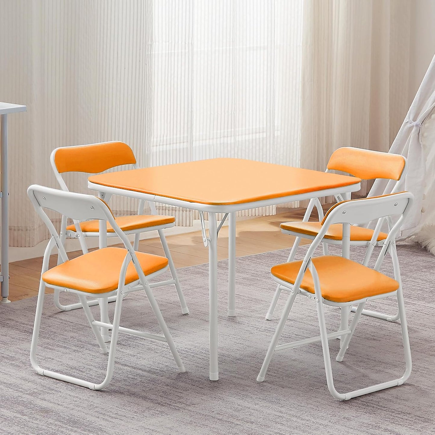 VECELO Kids Folding Activity Table and Chair Set, with Ultra Soft Padded Cushion, 5 Piece, Pale Orange