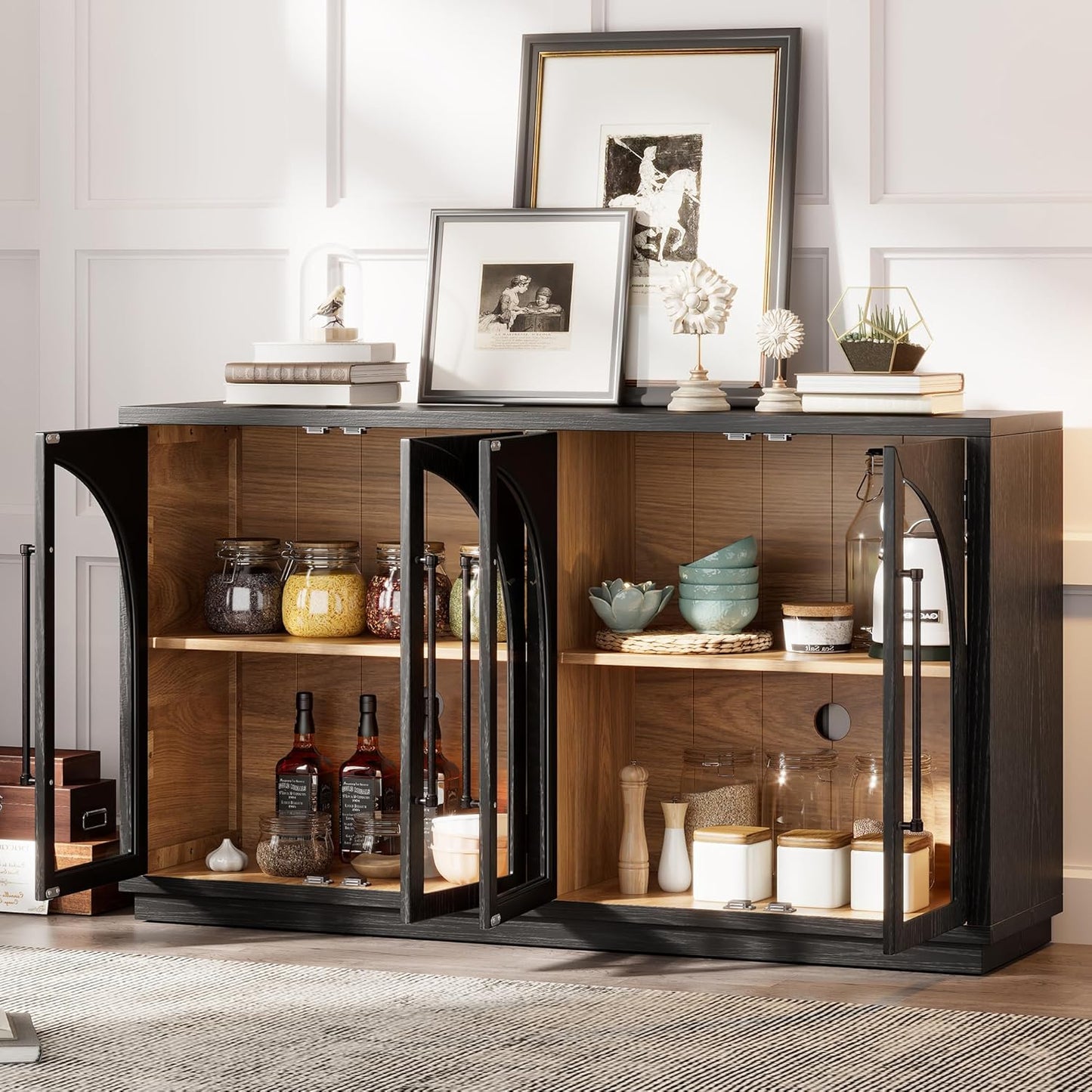 Merax Wood Farmhouse Buffet Sideboard with Adjustable Shelves and 4 Glass Doors, Coffee Bar Cabinet TV Stand for Living Room Bedroom Kitchen Black