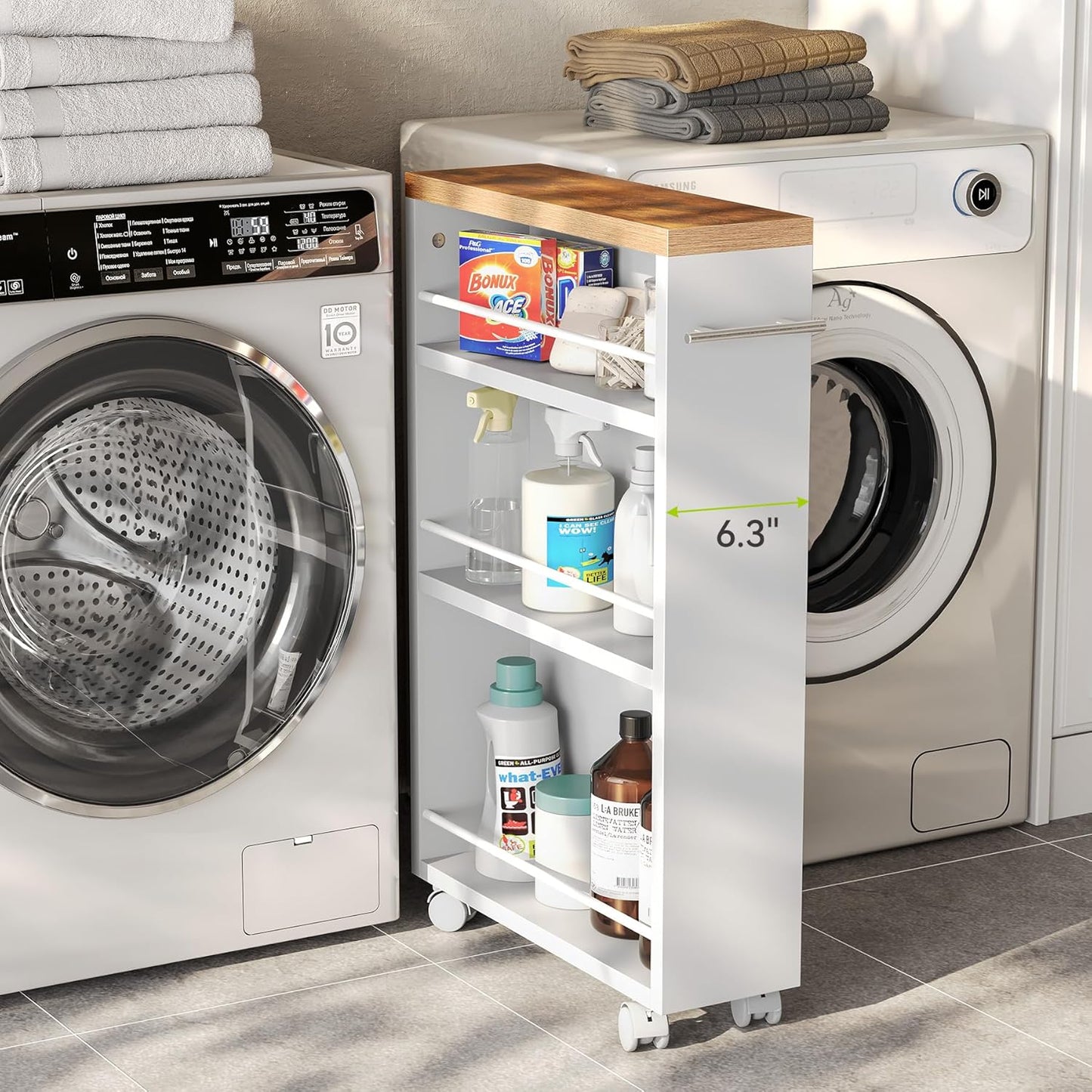 LITTLE TREE 4 Tier Rolling Cart with Wheels, 6.3 Inch Slim Storage Cart, Wooden Snack Cart with Narrow Shelf, White Laundry Room and Bathroom Organizer Shelves