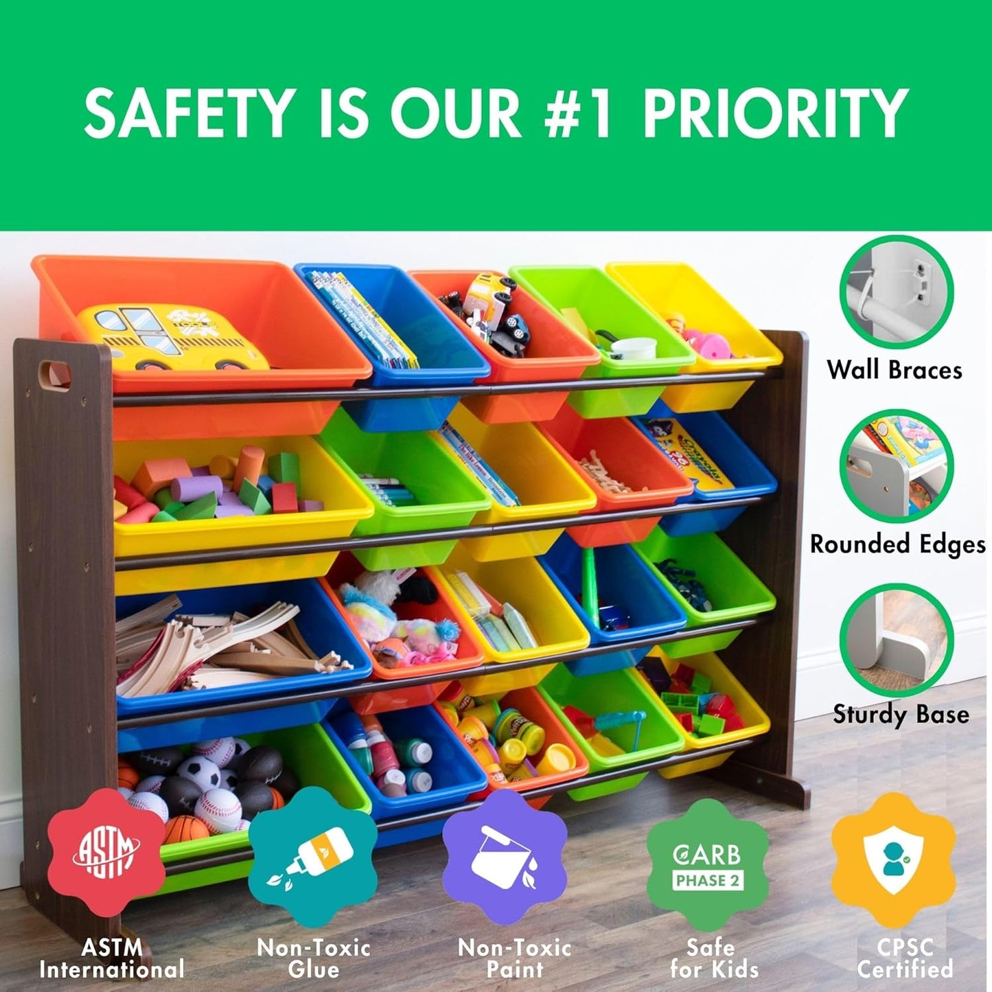 Humble Crew Extra-Large Toy Organizer with 20 Plastic Bins – Dark Walnut/Neon Storage Rack with 4-Tier Shelves, Anti-Tip Safety, for Kids’ Rooms, Playrooms, Nurseries & Classrooms