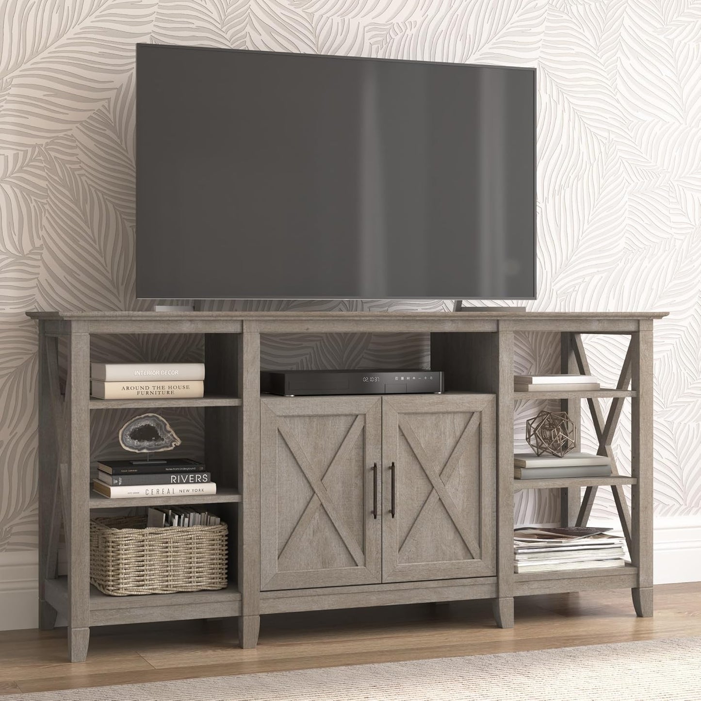 Bush Furniture Key West Tall TV Stand for 65 Inch TV in Washed Gray, Farmhouse Entertainment Center with Storage