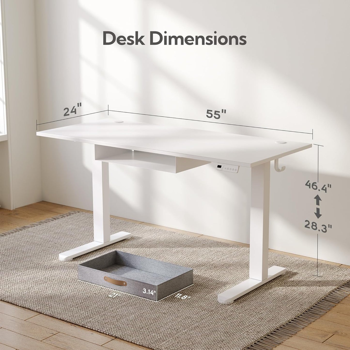 Seang Standing Desk with Drawer, 55" x 24" Height Adjustable Stand Up Desk, 3 Memory Height Settings with Cable Grommets & Storage Hooks, Ideal for Home & Office, White