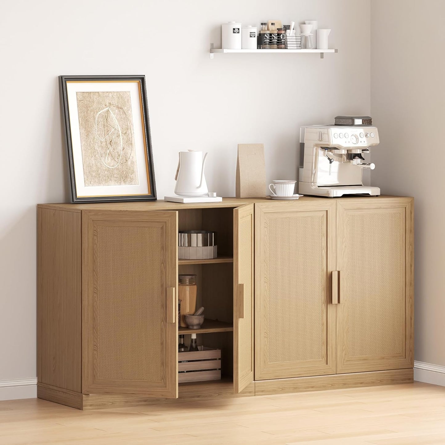 Buffet Cabinet, 4-Doors Sideboard Cabinet with Rattan Panels, Buffet Console Accent Table for Hallway Entryway Dining Room, 62", Oak