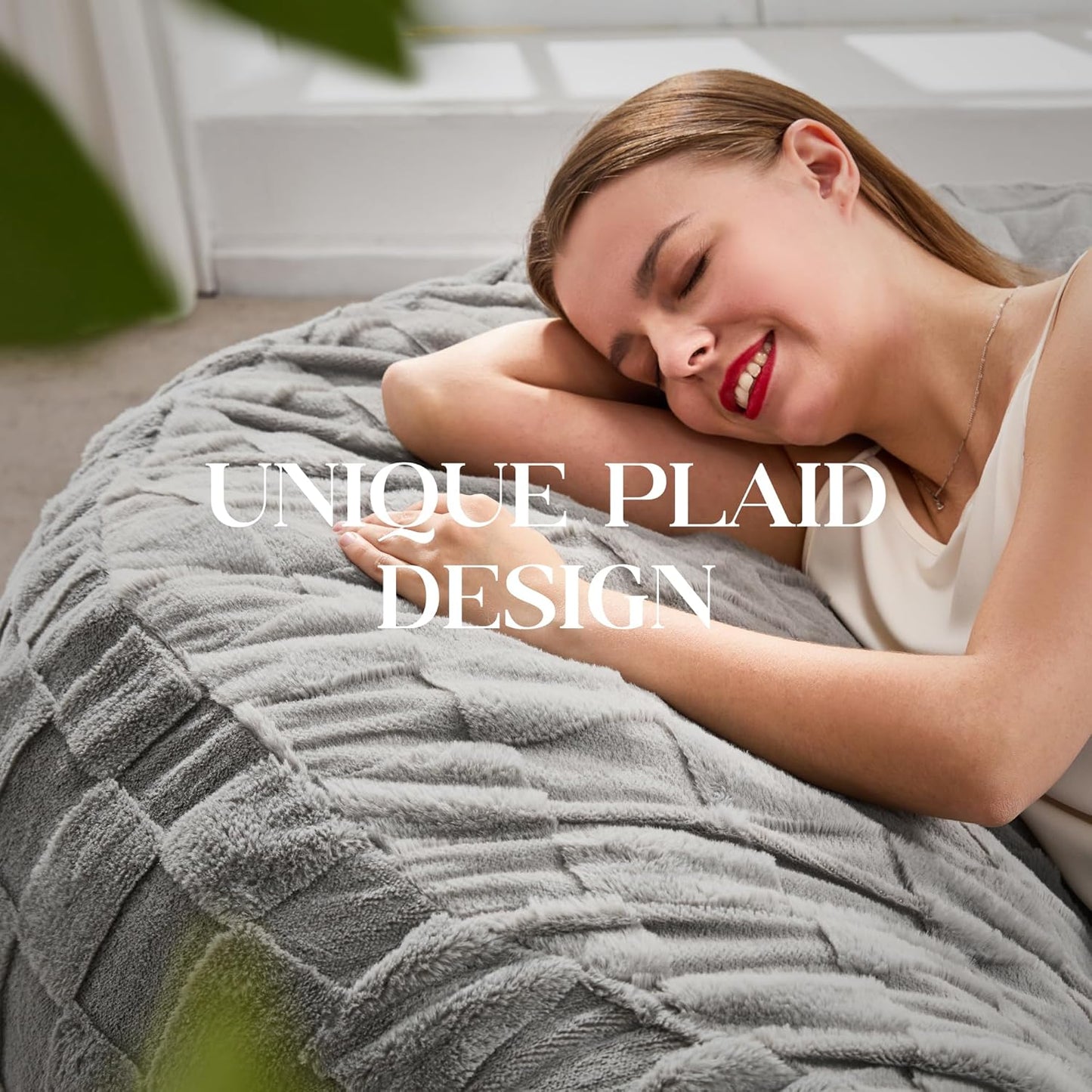 Hobestluk Bean Bag Chairs Beanbag Chair with Filler Adult Bean Bags with Fluffy Plaid Cover, Giant Bean Bag Chairs for Adults for Living Room, Bedroom (Grey, 3FT - 36” x 36” x 22”)