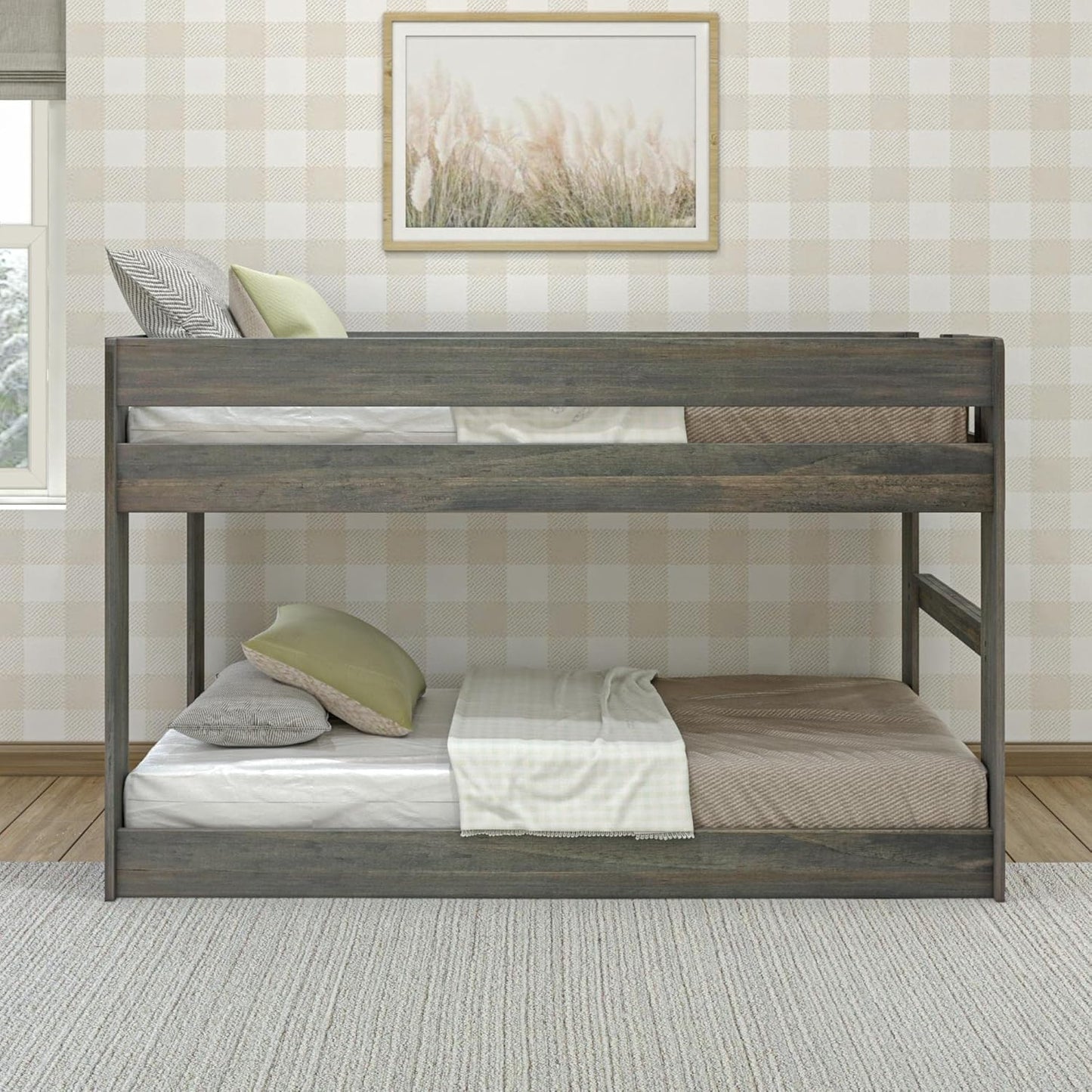 Max & Lily Modern Farmhouse Low Bunk Bed, Twin-Over-Twin Bed Frame For Kids, Driftwood
