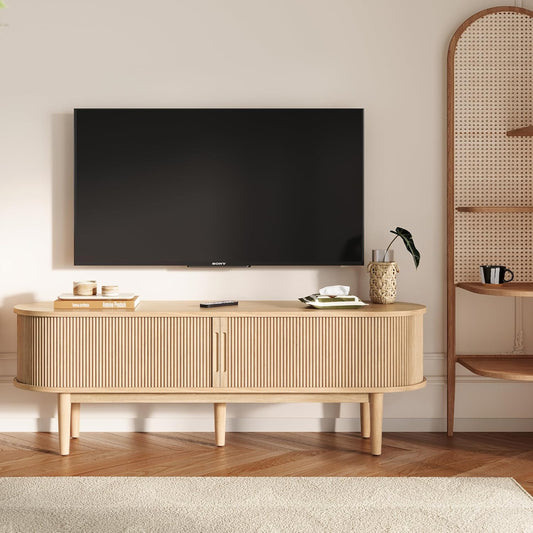 LINSY 58" Fluted TV Stand, Modern Entertainment Center for TVs Up to 65 inches, TV Console with Sliding Doors, Curved Profile Design, Media Console for Living Room, Light Wood
