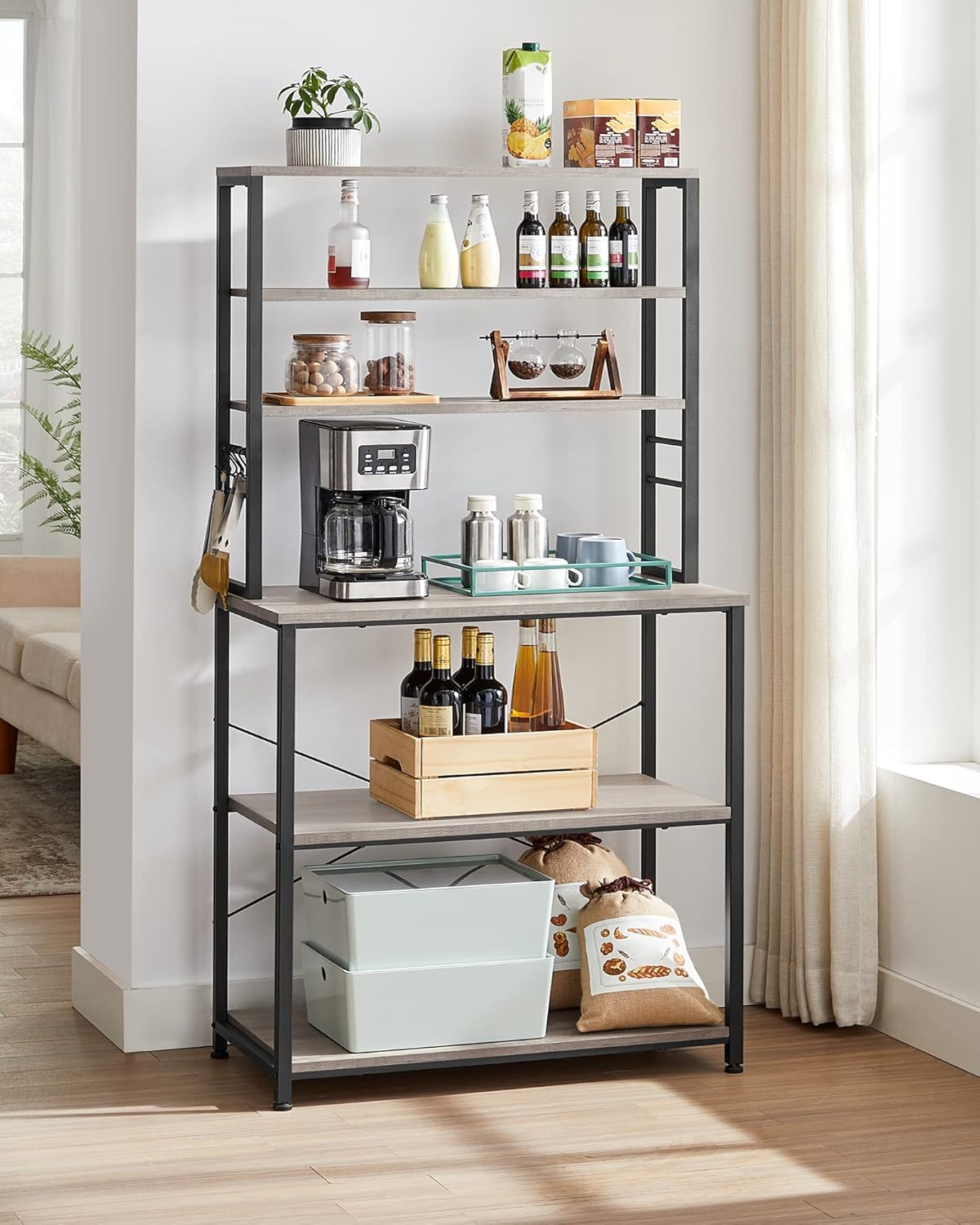 VASAGLE Coffee Bar, 31.5 Inches Baker's Rack for Kitchen with Storage, 6-Tier Kitchen Shelves with 6 Hooks, Microwave Stand, Industrial, Greige and Black UKKS019B02