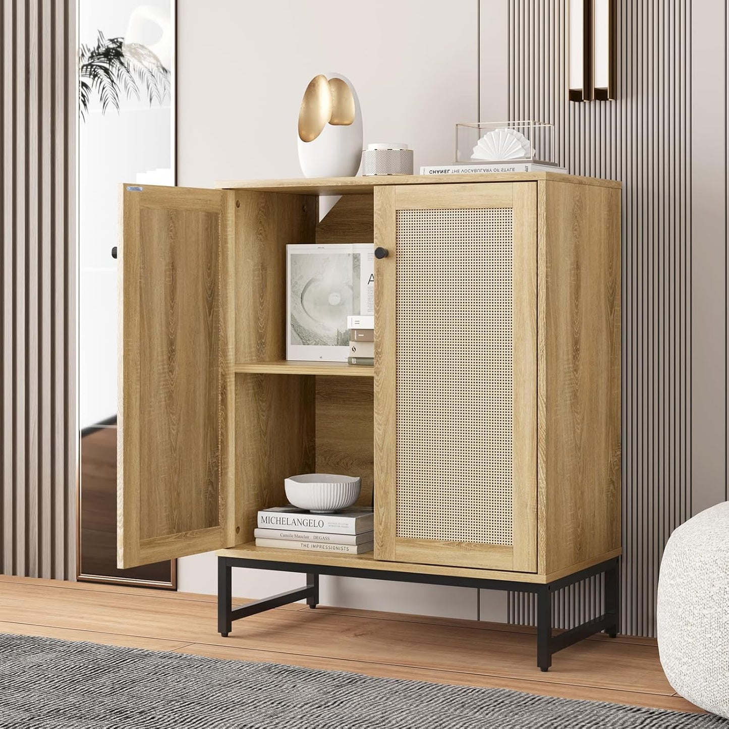 Sideboard Buffet Cabinet, Storage Cabinet with Double Rattan Doors, Modern Rattan Sideboard Cabinet, Kitchen Storage Cabinet with Metal Feet, for Entryway, Bedroom, Living Room (Natural Wood)