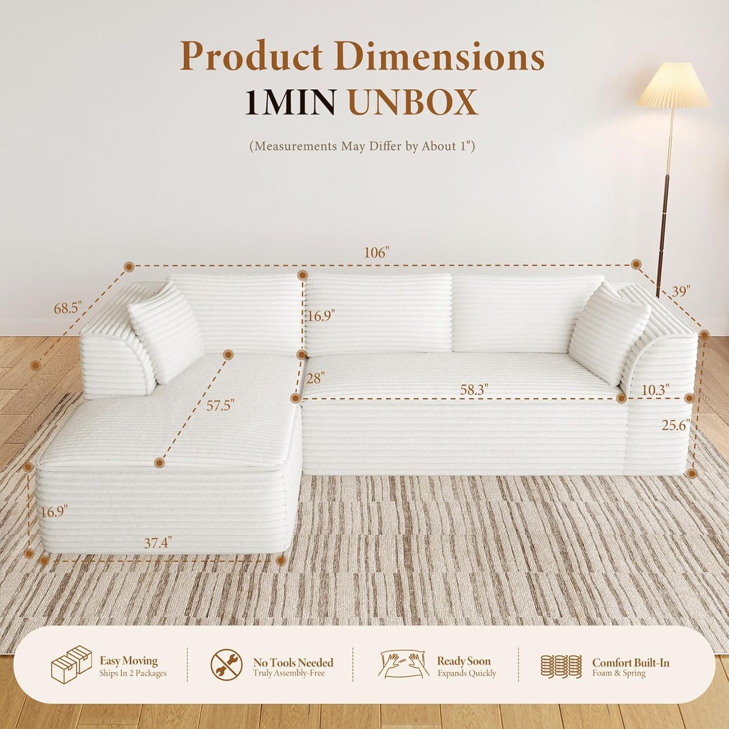 Vesgantti 106" Boneless Couch with Chaise, Deep Seat Comfy Cloud Modular Sofa Corduroy Memory Foam Sectional Couches for Living Room Bedroom, No Assembly Required (Beige, Left-Facing Chaise)